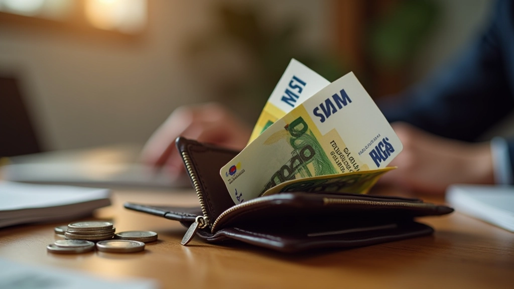 Portefeuille ouvert avec billets et pièces de monnaie sur table en bois, arrière-plan flou