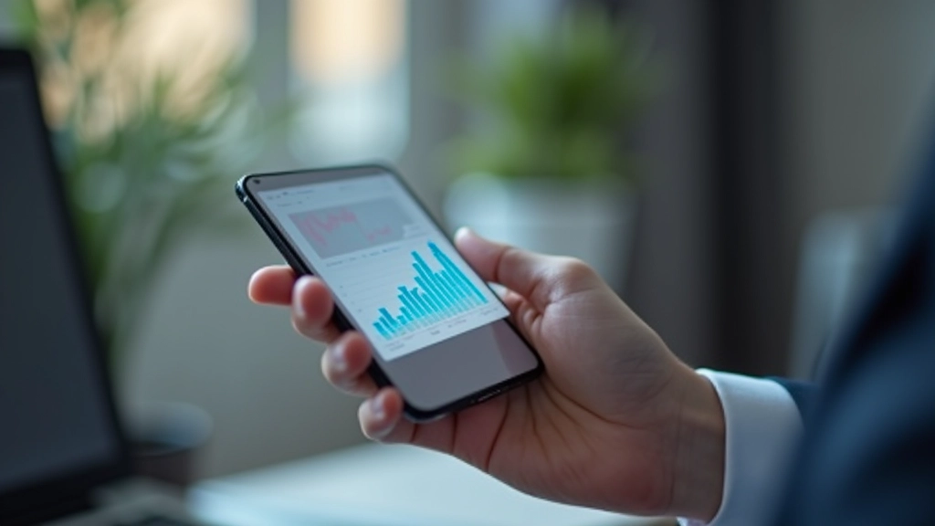 Graphique financier ascendant avec une ligne verte montante sur un écran de smartphone tenu par une main en costume professionnel