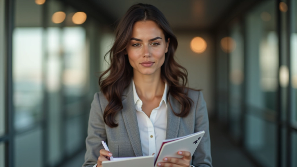 Jeune femme tenant une note avec des symboles de question entourée d'icônes représentant différentes options financières sur un fond dégradé bleu