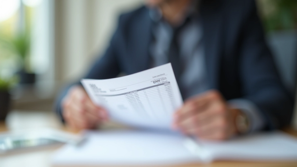 Jeune actif étudiant une fiche de paie détaillée avec calculatrice et stylo sur bureau moderne