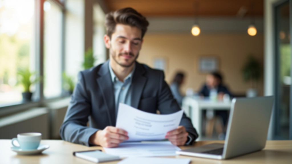 Jeune professionnel consultant des documents financiers sur un bureau moderne