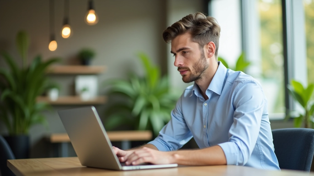 Jeune homme analysant des données financières sur son ordinateur portable dans un café moderne avec des plantes vertes en arrière-plan