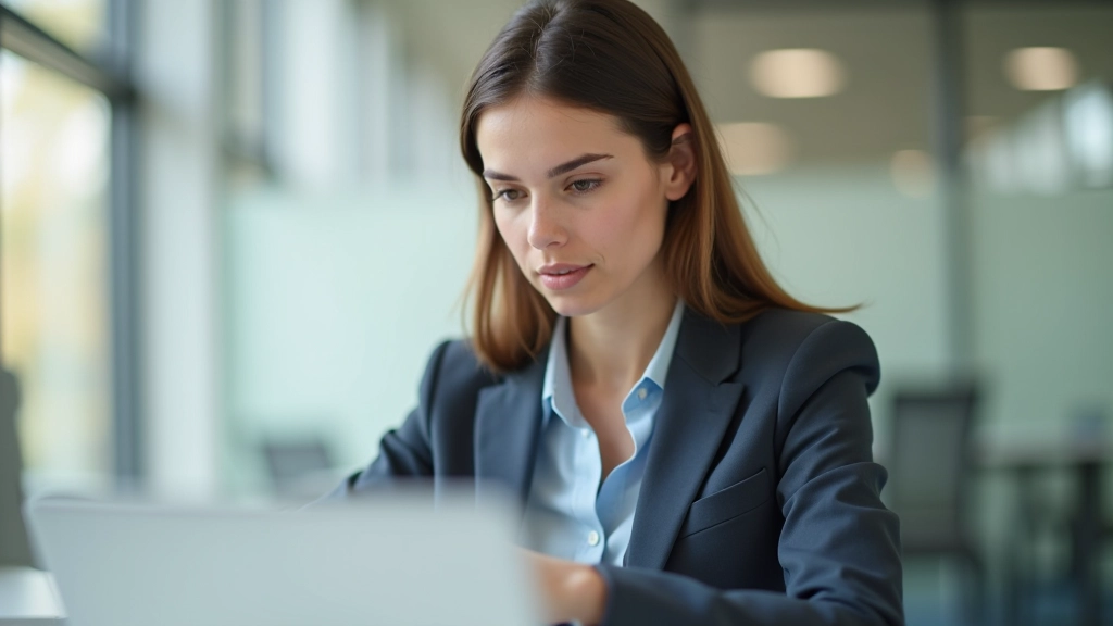 Jeune professionnel consultant sa fiche de paie sur un ordinateur portable au bureau moderne