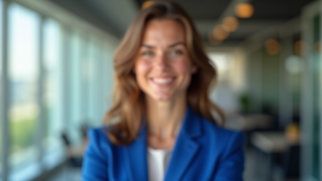 Jeune femme souriante en blazer bleu, portrait professionnel, arrière-plan de bureau moderne