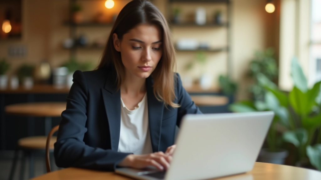 Jeune femme consulte sa fiche de paie sur son ordinateur portable dans un café moderne avec plantes vertes
