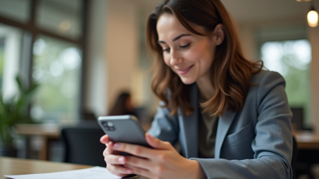 Jeune femme consultante une application bancaire sur son téléphone avec sourire confiant